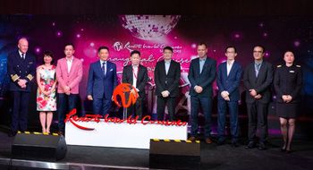 Resorts World Cruises ship and shore management, including [in fourth, fifth and sixth positions from left] Michael Goh, president; Colin Au, CEO and executive director; and Raymond Lim, COO at the Resorts World Cruises launch on the Genting Dream.