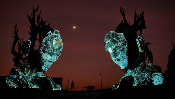 Larger-than-life art installations, like Daniel Popper's Earth Sentinels sculptures, will adorn the precinct.